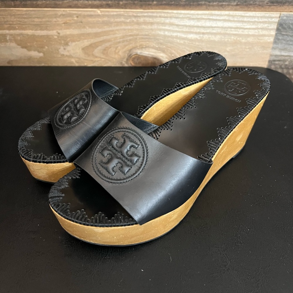 Tory Burch Patti Wedge Sandals Women Size 7 M Black Leather Platform Wood Stitch
